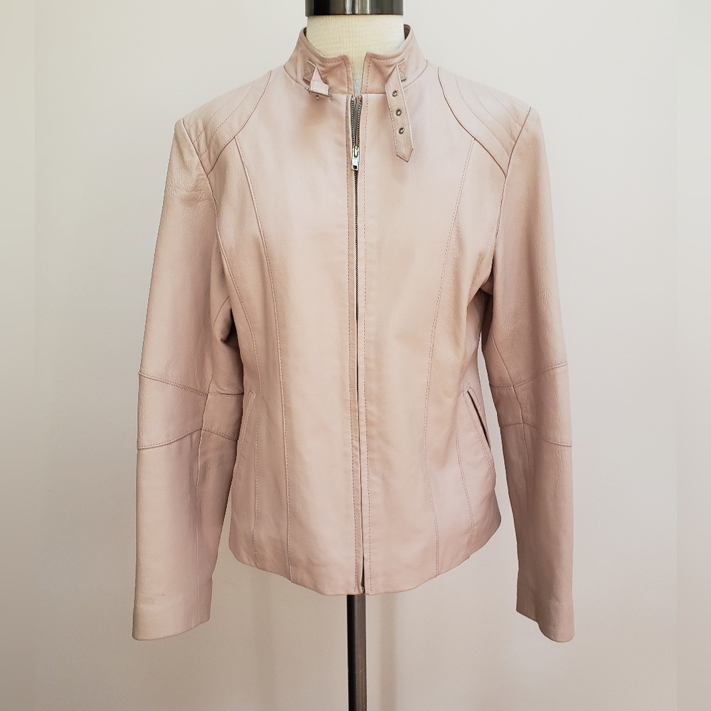 KC Collections Pale Pink Leather Moto Jacket, Size Large
